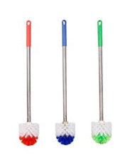 Round toilet cleaning brush with stainless steel handle and durable round bristles for bathroom cleaning.