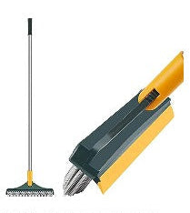 dual bathroom floor brush with rubber wiper and long stainless steel handle for scrubbing and drying hard floor surfaces.