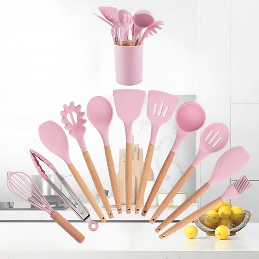 12-Piece Silicone Kitchen Utensil Set with Wooden Handles & Holder