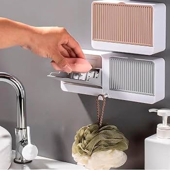 Self Adhesive Punch-Free Soap Box with Hook for Bathroom, Kitchen, Shower