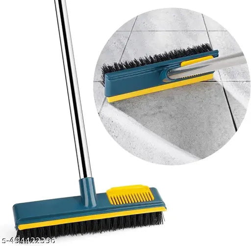 Bathroom Brush + Floor Wiper Dual | 2-in-1 Floor Scrub Brush & Rubber Wiper with Long Handle