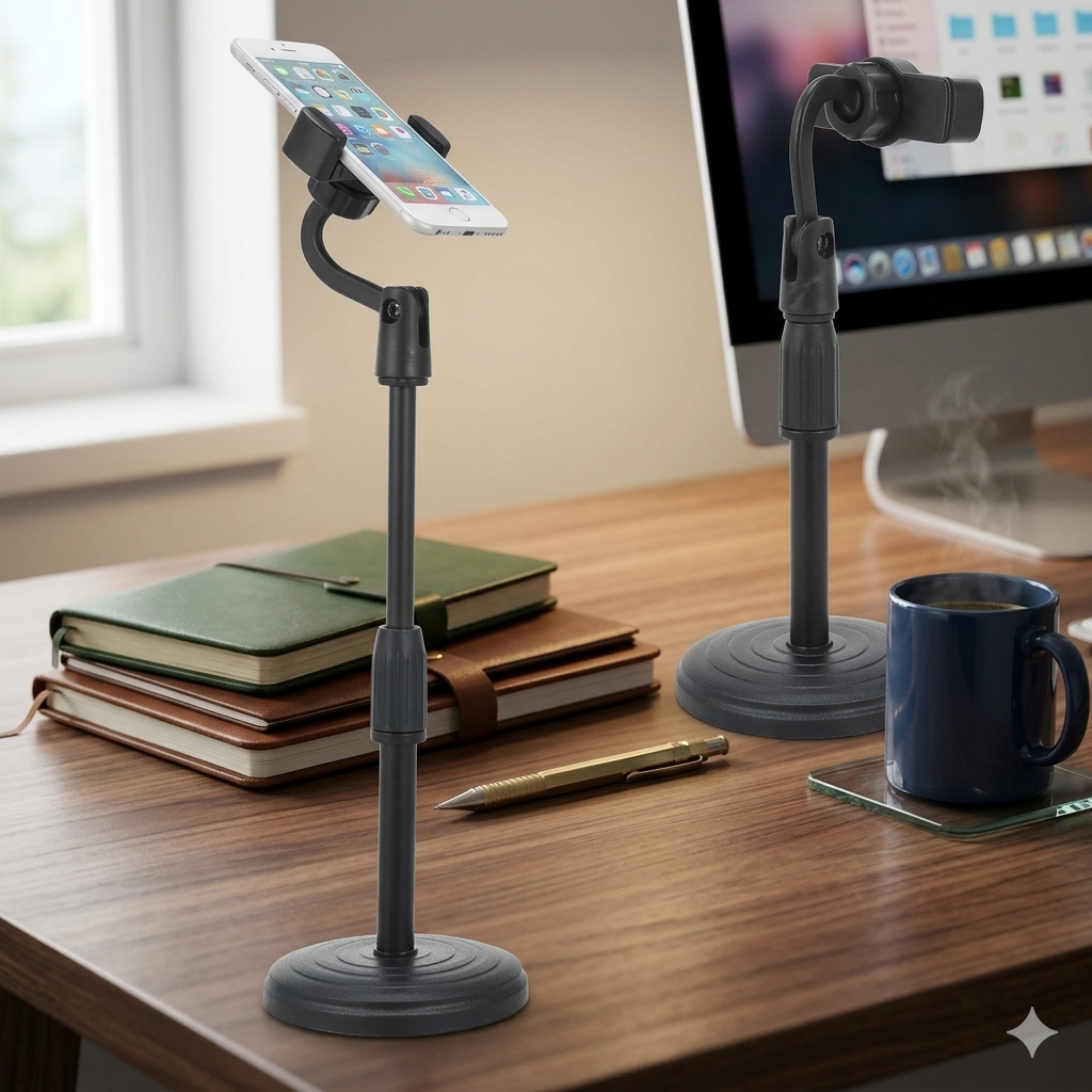 Adjustable Height Flexible Arm Phone Holder with Weighted Base for Desk & Video Calls
