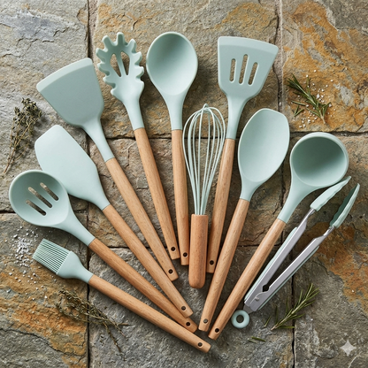 12 Piece Silicone Kitchen Utensil Set with Wooden Handles