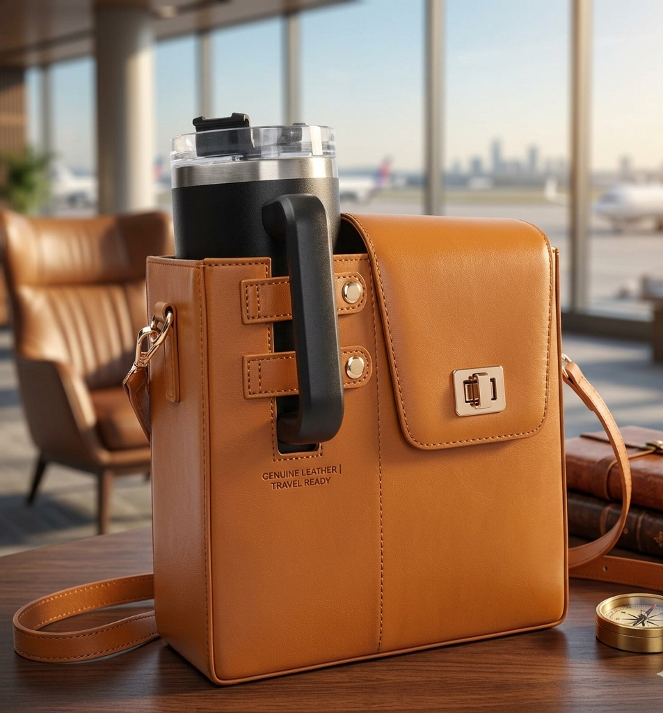 PU Leather Purse with Built-In Cup Holder for 40oz Tumblers,