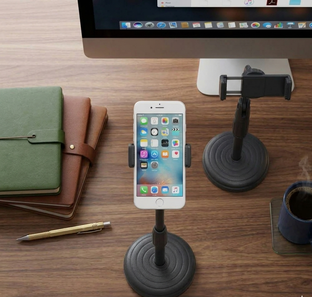 Adjustable Height Flexible Arm Phone Holder with Weighted Base for Desk & Video Calls
