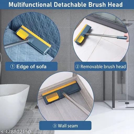 Bathroom Brush + Floor Wiper Dual | 2-in-1 Floor Scrub Brush & Rubber Wiper with Long Handle