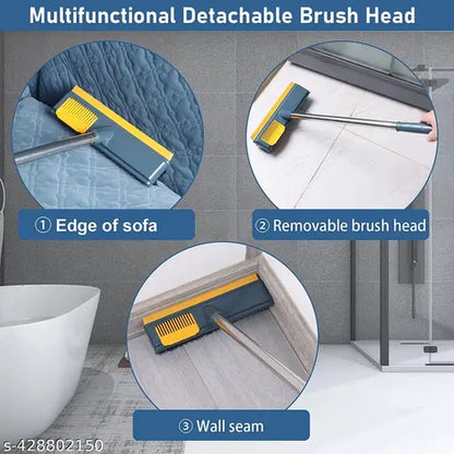 Bathroom Brush + Floor Wiper Dual | 2-in-1 Floor Scrub Brush & Rubber Wiper with Long Handle