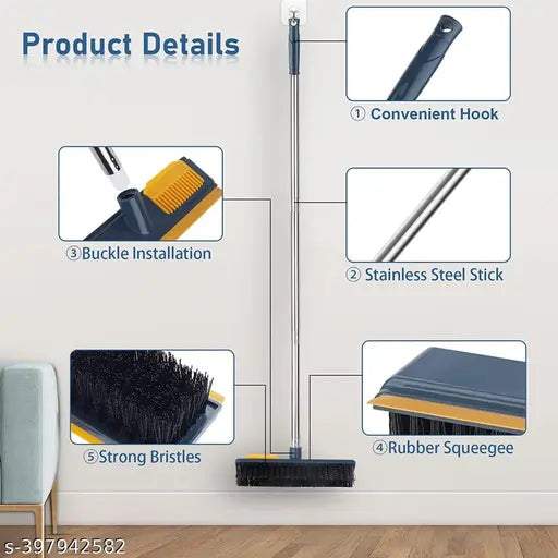 Bathroom Brush + Floor Wiper Dual | 2-in-1 Floor Scrub Brush & Rubber Wiper with Long Handle