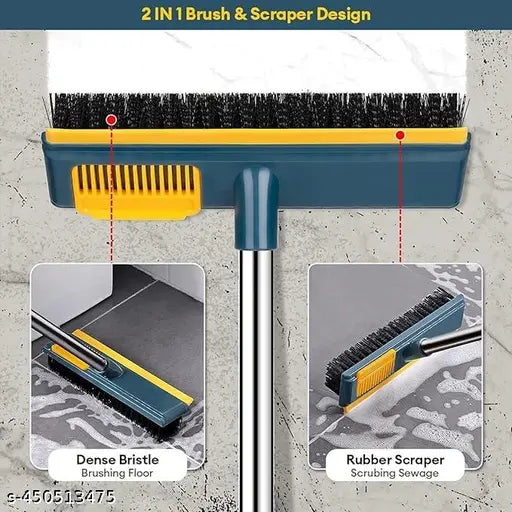 Bathroom Brush + Floor Wiper Dual | 2-in-1 Floor Scrub Brush & Rubber Wiper with Long Handle