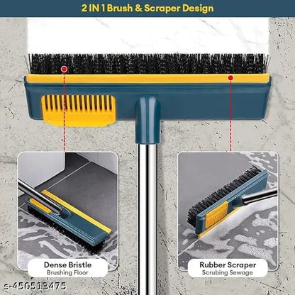 Bathroom Brush + Floor Wiper Dual | 2-in-1 Floor Scrub Brush & Rubber Wiper with Long Handle